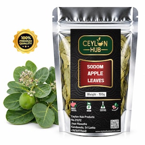 May include: A silver stand-up pouch containing 100g of dried Sodom Apple leaves, labelled with the Ceylon Hub logo and text. Beside the pouch is a green Sodom Apple plant with round fruit and small white flowers, plus a gold 100% premium quality seal.