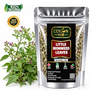 May include: A silver stand-up pouch containing dried Little Ironweed leaves, labelled with the Ceylon Hub brand and a net weight of 50g. Beside the pouch is a green plant with serrated leaves and small purple flowers. The packaging includes icons for natural, vegan, and organic status.