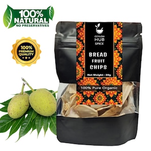 May include: A black bag of breadfruit chips with a label that reads "Ceylon Hub Spice Bread Fruit Chips". The image also shows two breadfruits, green leaves, and text that says "100% Natural" and "100% Premium Quality".