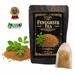 Pode incluir: Uma bolsa preta de chá de feno-grego Ceylon Hub com texto dourado, apresentando um monte de sementes de feno-grego castanhas, um ramo de planta verde e uma saqueta de chá branca. O rótulo exibe 20 Tea Bags, Premium Quality e 100% Natural No Preservatives.