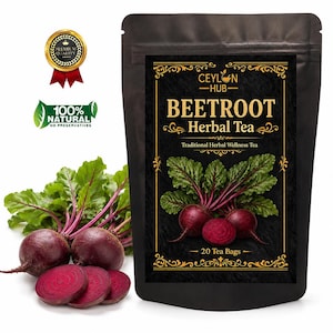 May include: A black stand-up pouch of Ceylon Hub Beetroot Herbal Tea containing 20 tea bags. The label features gold text, ornate borders, and an image of fresh beetroots with green leaves. Includes a gold premium quality seal and a green 100% natural badge.