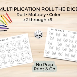 May include: A multiplication math activity set featuring two printable worksheets with elephant and crab illustrations, a six-sided die, and six colored crayons. The text reads MULTIPLICATION ROLL THE DICE, Roll Multiply Color x2 through x9, No Prep Print & Go.