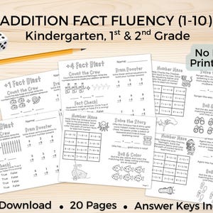 May include: A set of Addition Fact Fluency worksheets for kindergarten, 1st, and 2nd grade, featuring 20 pages of math exercises, number mazes, and word problems. Includes a yellow pencil and a white die. Text reads: Addition Fact Fluency (1-10).