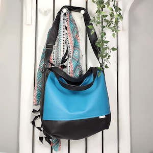 Sac à bandoulière en cuir végétalien turquoise - Cabas convertible à bandoulière, avec fermeture à glissière pour le campus et un usage quotidien