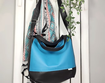 Sac hobo à bandoulière en cuir végétalien bleu sarcelle, fourre-tout personnalisé pour femme, sac à main messager, sac à main pour le travail, cadeau pour un ami