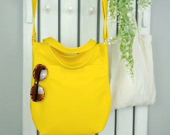 yellow vegan leather tote bag, aesthetic crossbody purse, large hobo bag, small sling bag with zipper