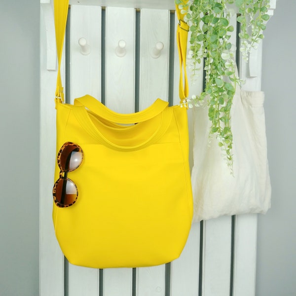 yellow vegan leather tote bag, aesthetic crossbody purse, large hobo bag, small sling bag with zipper