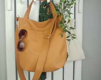 Veg tan leather hobo bag, large vegan tote, sling crossbody purse for women, convertible pocket shoulder handbag, soft faux leather zipper