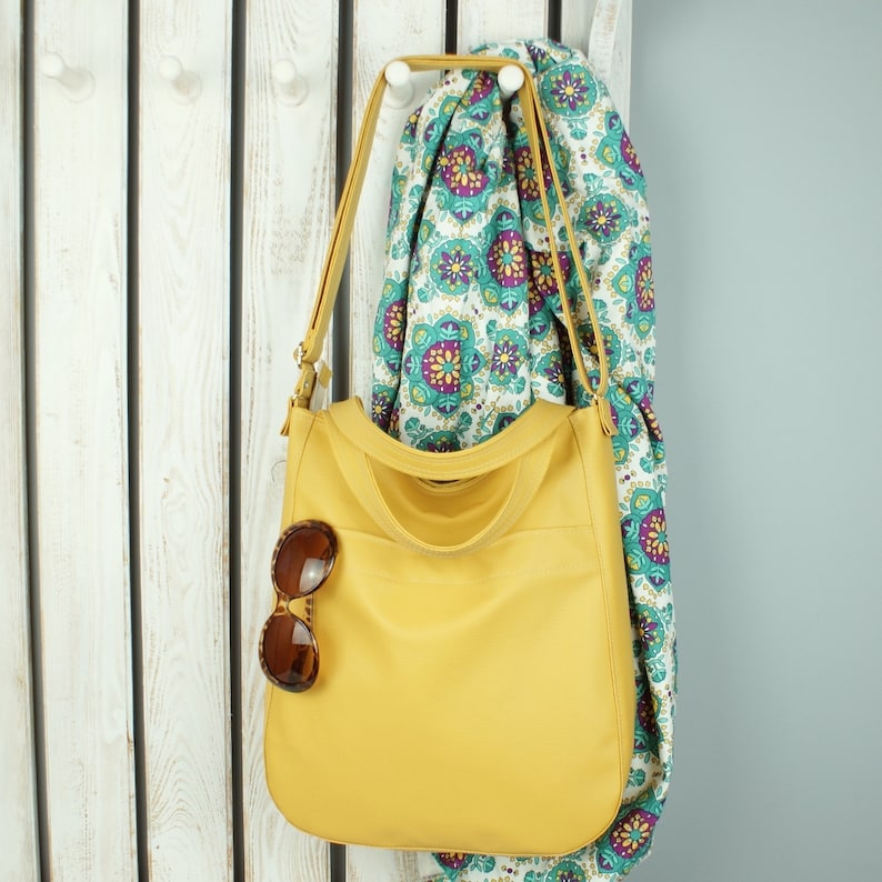 mustard yellow tote bag with zipper, large vegan leather sling hobo bag crossbody, shoulder handbag for women, messenger purse for work image 2