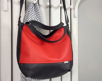 red crossbody work bag, casual shoulder handbag with pockets, trendy zipper cross body tote, handmade vegan leather purse, gift for women