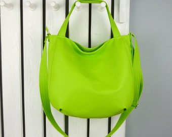 lime green sling shoulder tote bag, vegan purse crossbody,  hobo bag women, small faux leather work handbag, everyday carry boho bag