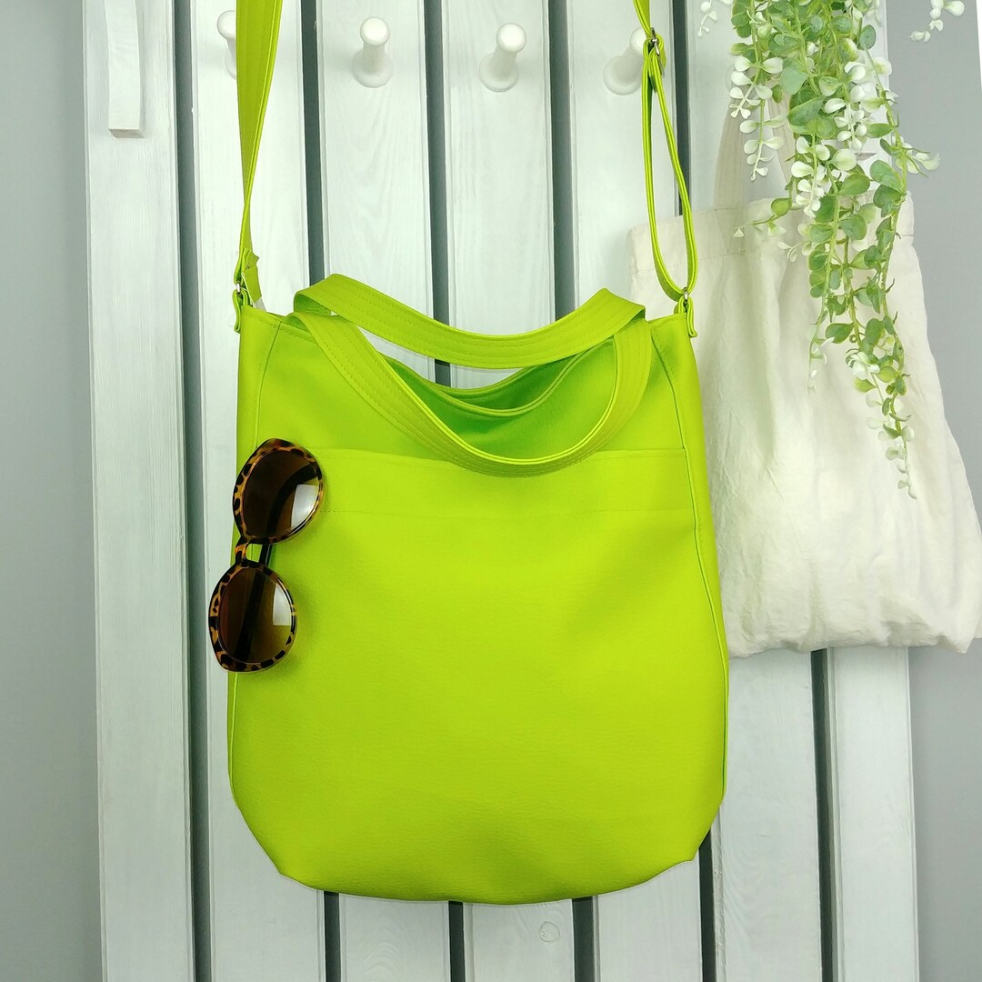 Vegan Leather Lime Green Crossbody Bag Large Hobo Tote Etsy