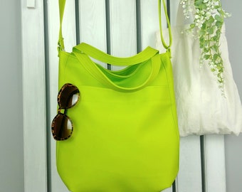 vegan leather lime green crossbody bag, large hobo tote, everyday shoulder purse for women