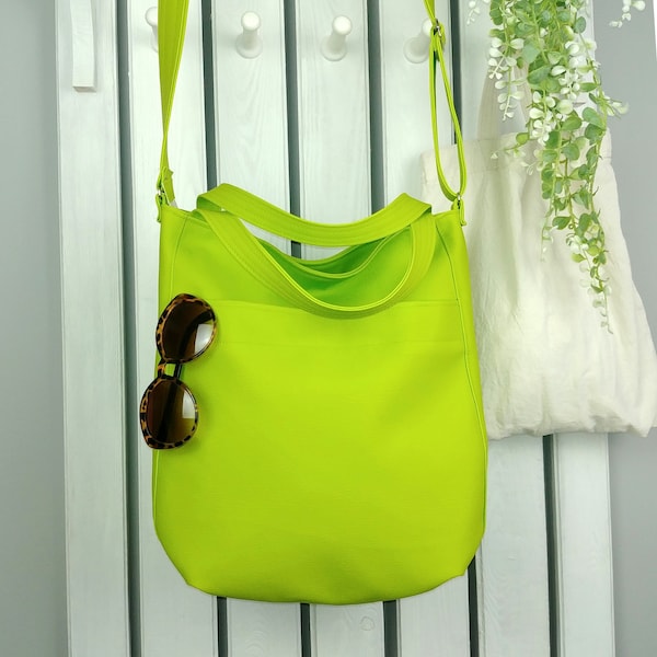 vegan leather lime green crossbody bag, large hobo tote, everyday shoulder purse for women