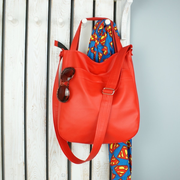 Cute red leather hobo handbag, designer tote bag, custom large crossbody work purse for women