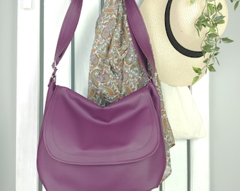 Grand sac à rabat bandoulière violet avec fermeture à glissière, messager à bandoulière fait à la main pour les femmes, sac à main à bandoulière en cuir végétalien de tous les jours, école de travail souple