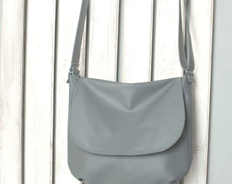 sac à bandoulière en cuir végétalien gris, sac à main à bandoulière pour femmes, grand messager, petit sac à rabat à bandoulière minimaliste de tous les jours