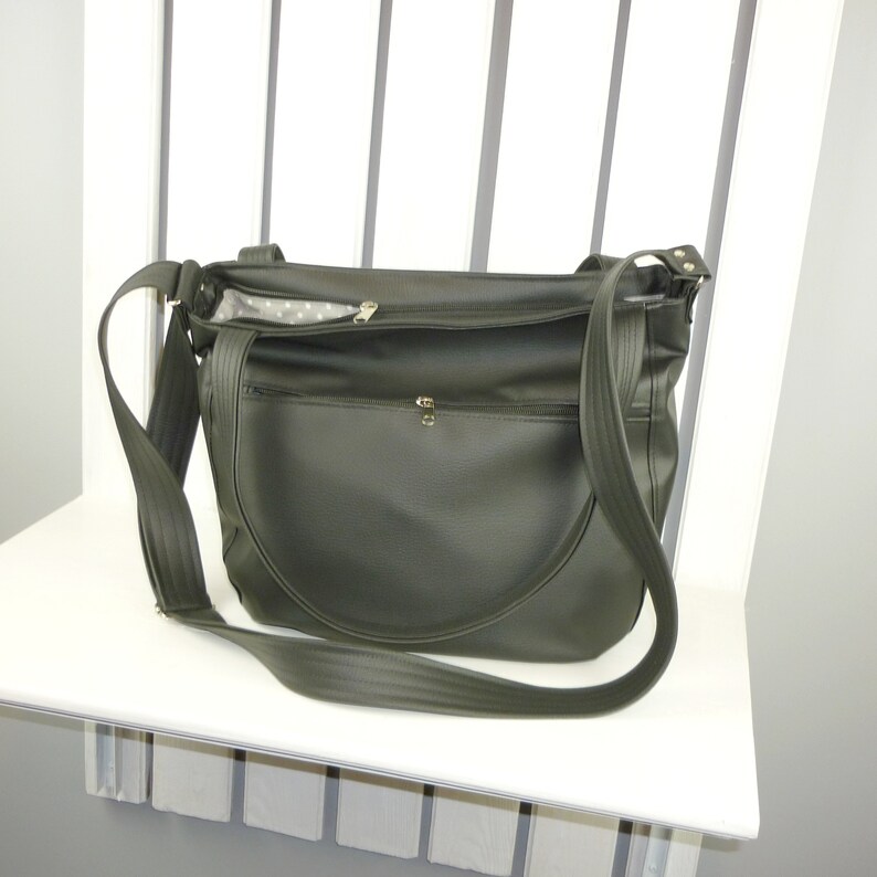 Black sling crossbody hobo bag with zipper hippie vegan leather shoulder bag large messenger purse for women