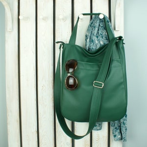large green vegan leather tote purse, custom hobo crossbody bag, work messenger for women, zipper shoulder bag with pocket
