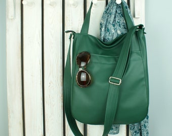 grand sac fourre-tout en cuir végétalien vert, sac à bandoulière hobo personnalisé, messager de travail pour femmes, sac à bandoulière à fermeture éclair avec poche