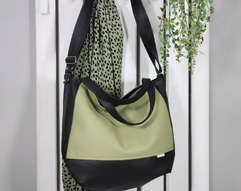 olive green shoulder handbag, minimalist crossbody hobo bag, durable vegan leather shopper purse, messenger tote, eco friendly gifts ideas