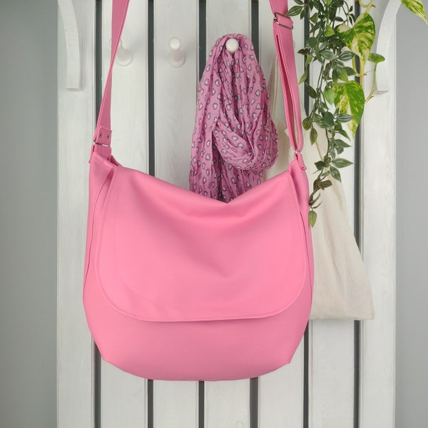 Cute pink crossbody bag, small purse for work or school, large messenger bag with zipper, vegan shoulder bag for women
