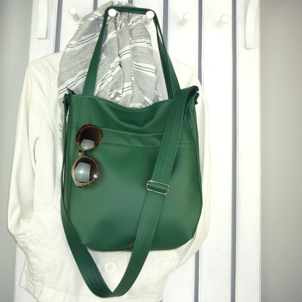 large dark green 2in1 hobo bag crossbody, vegan leather shoulder tote, zippered casual handbag,  everyday carry messenger purse