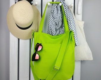 cute green vegan crossbody bag, cross lime green shoulder purse with zipper, faux leather handbag, large hobo tote