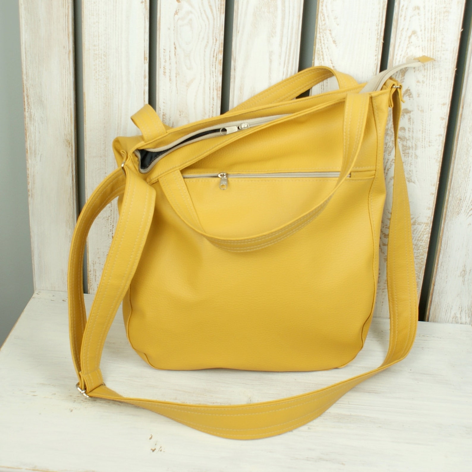 Mustard Yellow Tote Bag With Zipper Large Vegan Leather Sling Etsy