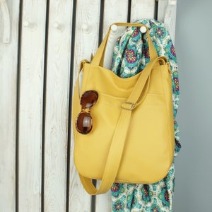 mustard yellow tote bag with zipper, large vegan leather sling hobo bag crossbody, shoulder handbag for women, messenger purse for work image 1