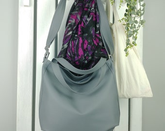 Large grey soft leather handbag, slouchy hobo bag, gray long strap tote, lightweight vegan crossbody, faux cross shoulder purse zipper