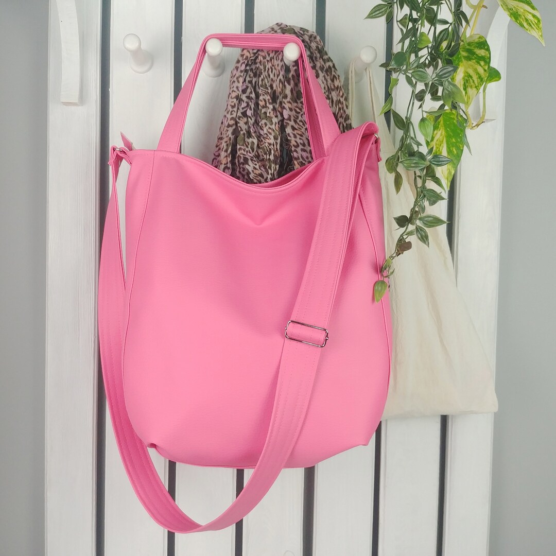 Pink Crossbody Sling Bag Large Tote With Zipper Cute Vegan Etsy
