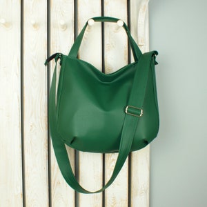 Dark green leather hobo cross body purse, hippie crossbody tote bag for women, large slouch vegan cross shoulder tote for work