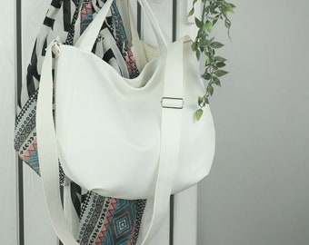 large white crossbody tote bag with zipper, minimalist shoulder purse, vegan leather sling boho bag for women, work tote