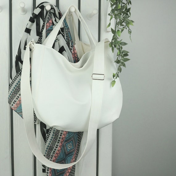 large white crossbody tote bag with zipper minimalist shoulder purse vegan leather sling boho bag for women work tote