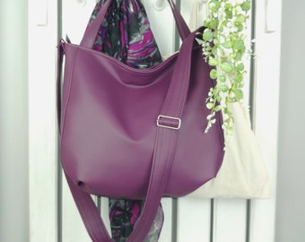 Sling purple tote handbag, cute boho fall purse for women, large vegan shoulder hobo, simple soft leather crossbody, zipper strap