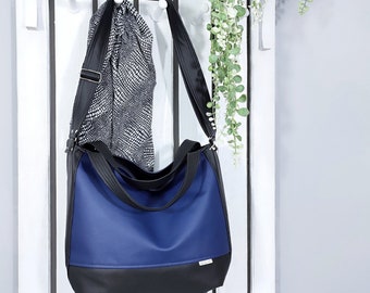 navy blue over shoulder bag, womens crossbody purse, vegan leather, shopper handbag, work messenger tote, handmade gift for wife