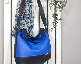 royal blue over shoulder hobo bag, unique crossbody handbags, vegan leather messenger purse, shopper tote bag for women, cruelty free gift