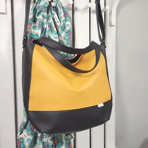 Schwarz Gelb Vegan Leder Tote - Große Umhängetasche, Shopper Handtasche, kleine Geldbörse, Geschenk für Schwester, Umhängetasche