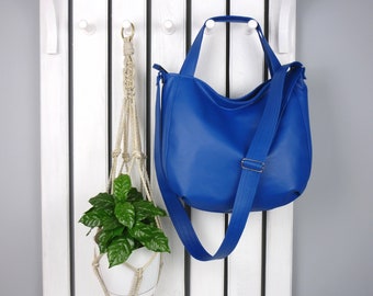 blue vegan leather hobo crossbody bag, large messenger tote, slouch boho shoulder handbag for women