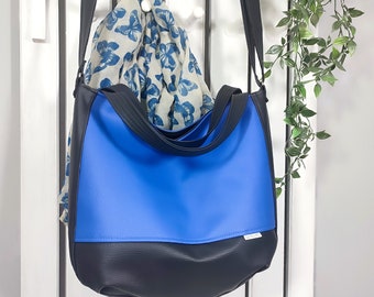 everyday royal blue crossbody shopper bag, large one of a kind messenger purse for women, vegan leather strap tote for work, unique gift