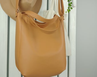 simple tan brown crossbody hobo bag, small sling leather purse for women, large vegan handbag with zipper, veg shoulder tote bag aesthetic