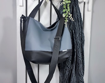 gray leather hobo tote bag, convertible crossbody purse for school - grey messenger, durable shoulder handbag, gift for student