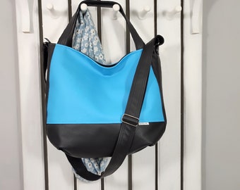 sky blue handmade hobo bag, vegan leather crossbody tote, custom two tone handbag for work, city messenger purse, gift for women