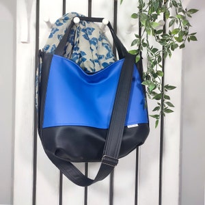 Sac hobo en similicuir bleu roi et noir - Style shopper, deux tailles, fait main, sac à main végétalien, design personnalisé, fonctionnel et élégant, Ankate