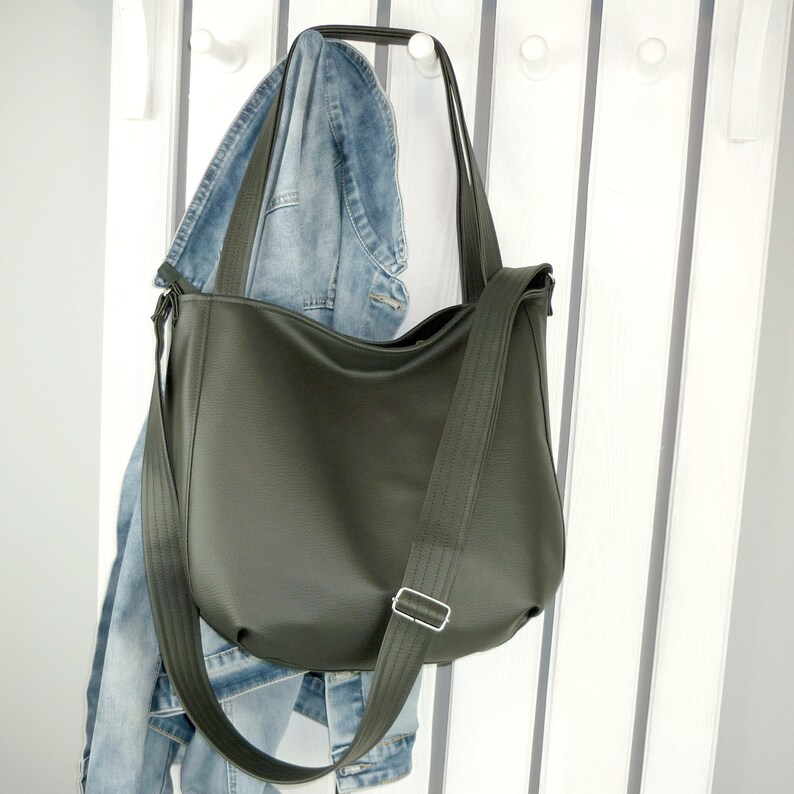 Black vegan leather crossbody tote bag large sling shoulder Etsy