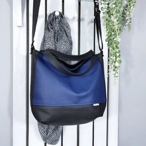 novelty navy blue hobo purse, custom leather bag for women, minimalist vegan crossbody tote, messenger handbag for school, gifts for mother image 2