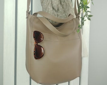 Taupe crossbody zipper bag, convertible vegan hobo handbag, faux leather shoulder tote, large wide strap purse, fall pocket bag for women