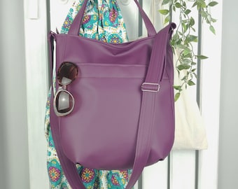 Purple leather bag, slouch pocket shoulder purse with zipper, casual crossbody hobo tote, vegan sling messenger handles, large women handbag
