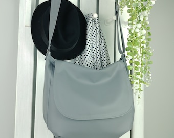 large gray messenger crossbody bag for work or school, vegan leather zipper purse for women, cute everyday shoulder bag